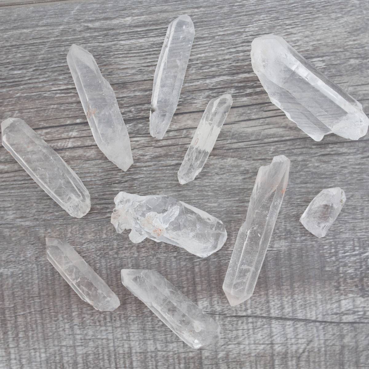 clear quartz scattered on a table